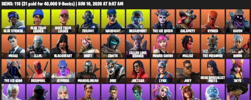 Fortnite account inventory for LVL 1114 - Blue Striker - Blue Team Leader - 116 Outfits