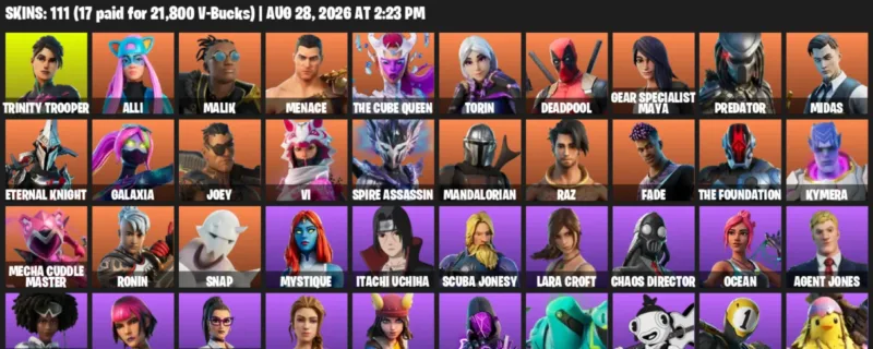 Fortnite account inventory for LVL 1333 - Trinity Trooper - Alli - 111 Outfits