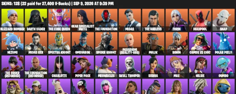 Fortnite account inventory for LVL 2028 - Blizzard Bomber - Darth Vader - 128 Outfits