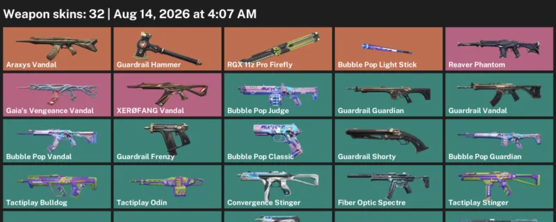 Valorant account inventory for LVL 70 · 32 Skins Araxys Vandal & Araxys Vandal & Bubble Pop Classic
