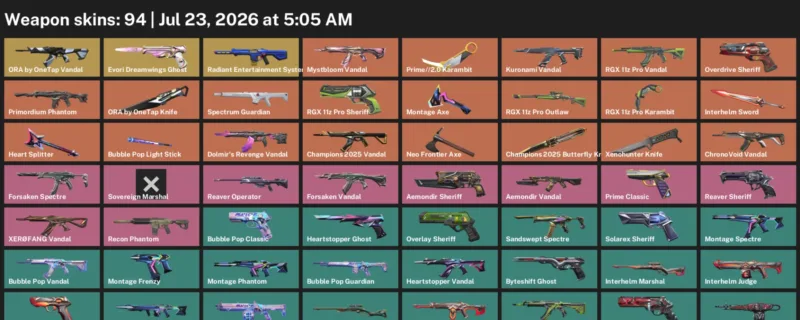 Valorant Accounts listing: LVL 194 · Champions 2025 Butterfly Knife & Interhelm Sword · 94 Skins - Platinum 1, 94 skins