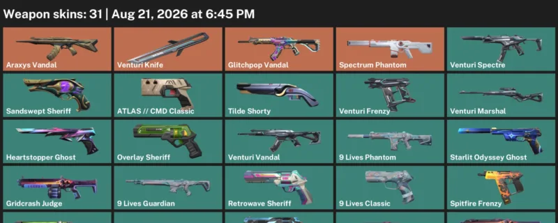 Valorant account inventory for LVL 242 · Araxys Vandal & Venturi Knife
