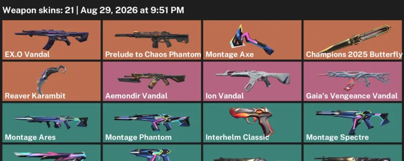 Valorant account inventory for LVL 104 · 21 Skins Champions 2025 Butterfly Knife & Reaver Karambit