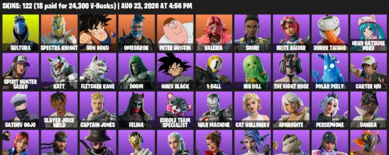 Fortnite account inventory for LVL 1476 - Sultura - Spectra Knight - 122 Outfits