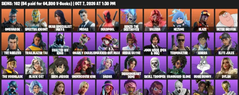 Fortnite account inventory for Omegarok - Spectra Knight - 120 Outfits