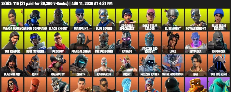 Fortnite account inventory for LVL 1785 - Major Glory - Carbon Commando - 115 Outfits