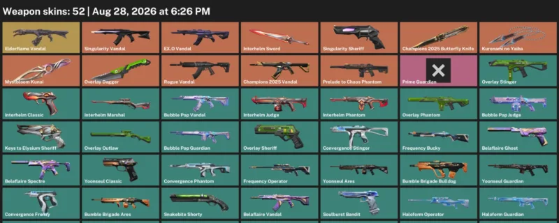 Valorant account inventory for LVL 161 · 52 Skins Champions 2025 Butterfly Knife & Overlay Dagger
