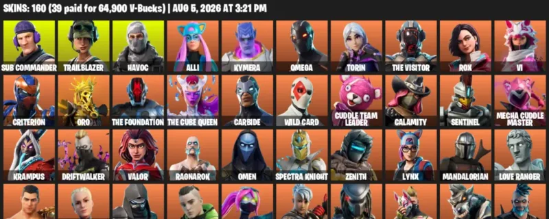 Fortnite account inventory for LVL 1860 - Sub Commander - Trailblazer - 160 Outfits