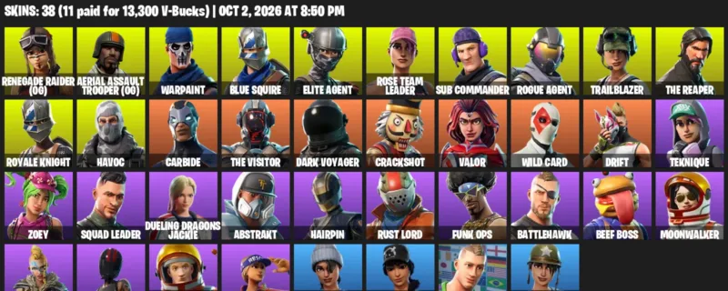 Fortnite account inventory for Renegade Raider (OG) - Aerial Assault Trooper (OG) - 38 Outfits
