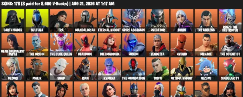 Fortnite account inventory for LVL 4156 - Darth Vader - Sultura - 178 Outfits