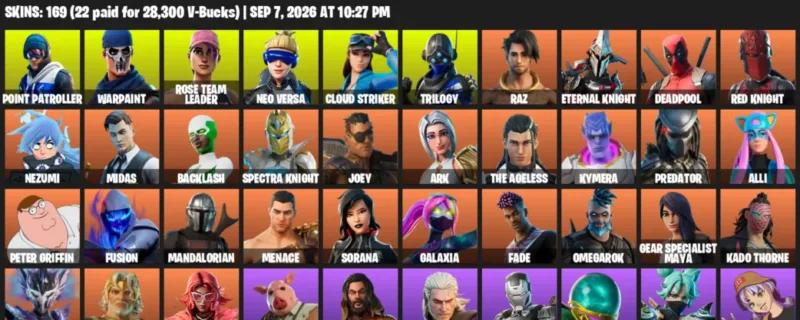 Fortnite account inventory for LVL 3357 - Point Patroller - Warpaint - 169 Outfits