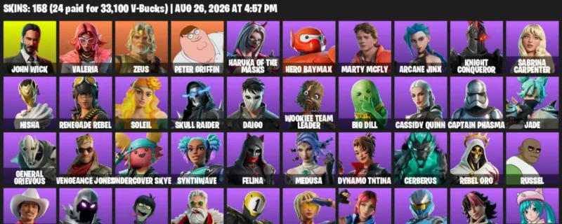 Fortnite account inventory for LVL 1218 - John Wick - Valeria - 158 Outfits