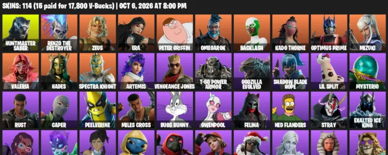 Fortnite account inventory for Huntmaster Saber - Renzo the Destroyer - 114 Outfits