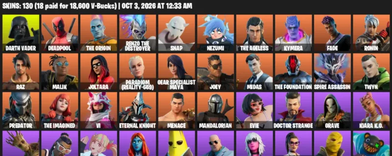 Fortnite account inventory for Darth Vader - Deadpool - 120 Outfits