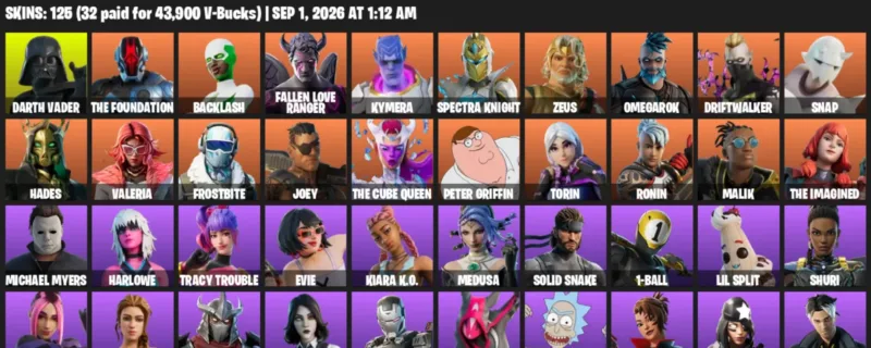 Fortnite account inventory for LVL 1879 - Darth Vader - The Foundation - 125 Outfits
