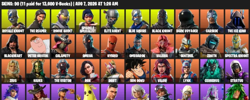 Fortnite account inventory for LVL 1669 - Royale Knight - The Reaper - 90 Outfits