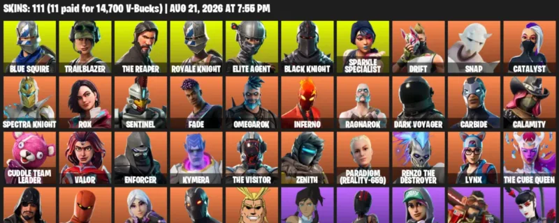 Fortnite account inventory for LVL 1361 - Blue Squire - Trailblazer - 111 Outfits