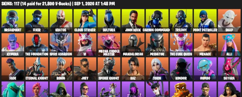 Fortnite account inventory for LVL 1692 - Breakpoint - Fixer - 117 Outfits