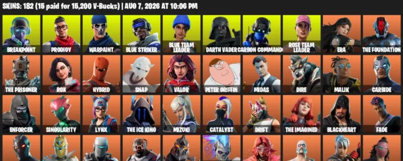 Fortnite account inventory for LVL 2513 - Breakpoint - Prodigy - 182 Outfits