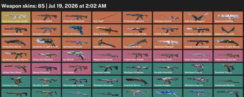 Valorant Accounts listing: LVL 61 · Blade of Chaos & Shellspire Sword · 85 Skins - Iron 3, 85 skins