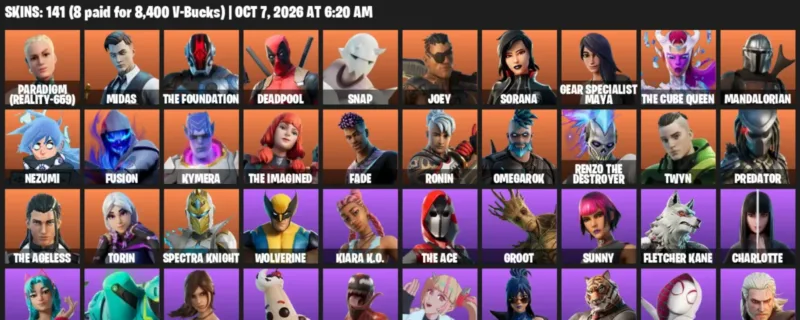 Fortnite account inventory for Paradigm (Reality-659) - Midas - 120 Outfits