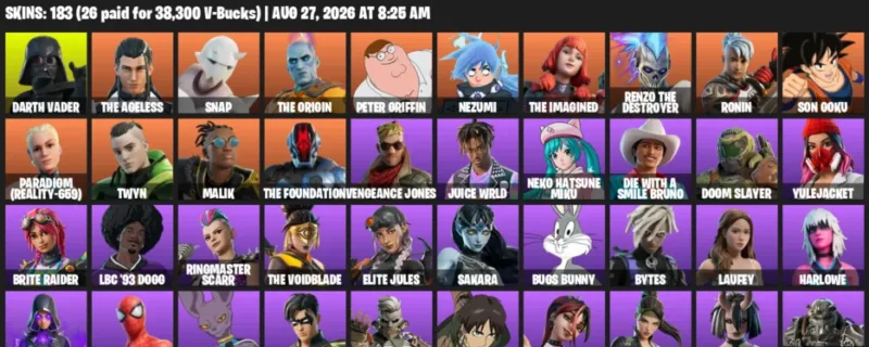 Fortnite account inventory for LVL 1598 - Darth Vader - The Ageless - 183 Outfits