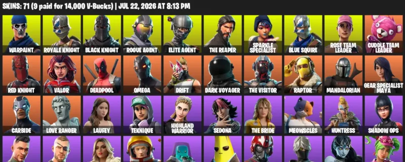 Fortnite Accounts listing: LVL 1026 - Warpaint - Royale Knight - 71 Outfits - 71 outfits