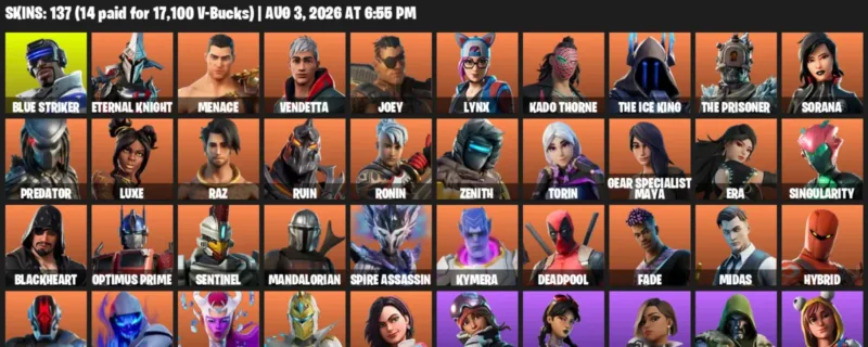 Fortnite account inventory for LVL 2563 - Blue Striker - Eternal Knight - 137 Outfits