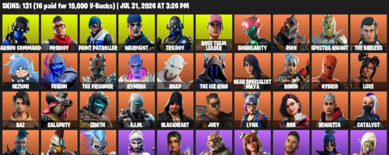 Fortnite account inventory for LVL 1446 - Carbon Commando - Prodigy - 131 Outfits