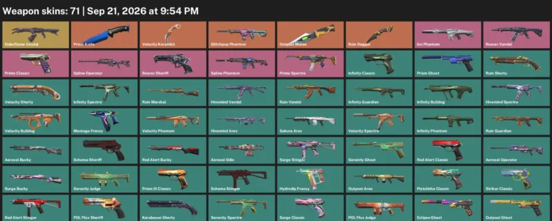 Valorant account inventory for LVL 159 · Velocity Karambit & Prism Knife