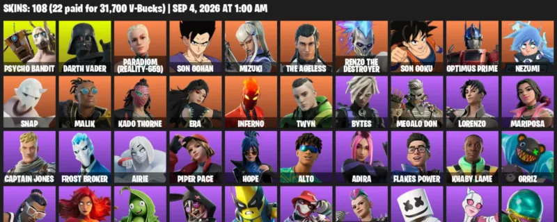 Fortnite account inventory for LVL 1600 - Psycho Bandit - Darth Vader - 108 Outfits