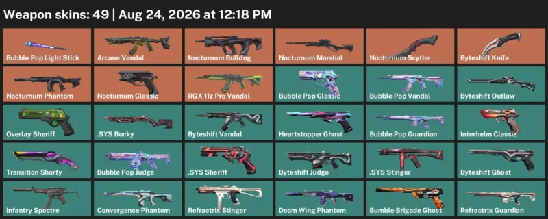 Valorant account inventory for LVL 205 · Arcane Vandal & Byteshift Knife & Nocturnum Scythe