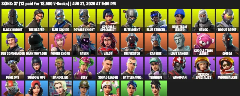 Fortnite account inventory for LVL 247 - Black Knight - The Reaper - 37 Outfits