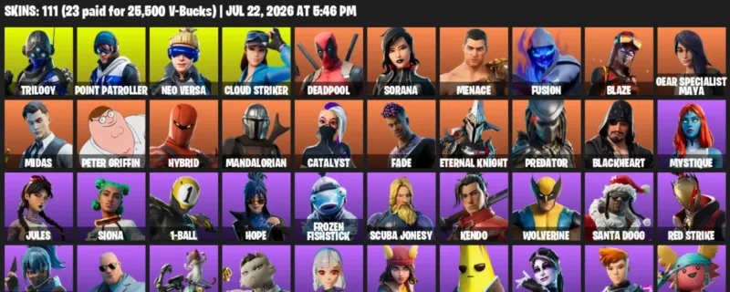 Fortnite Accounts listing: LVL 2052 - Trilogy - Point Patroller - 111 Outfits - 111 outfits