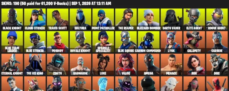 Fortnite account inventory for LVL 2948 - Black Knight - Cloud Striker - 190 Outfits