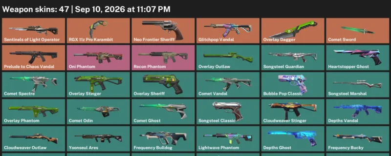 Valorant account inventory for LVL 94 · RGX 11z Pro Karambit & Overlay Dagger
