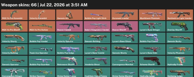 Valorant Accounts listing: LVL 193 · RGX 11z Pro Karambit & Velocity Karambit · 66 Skins - Bronze 1, 66 skins