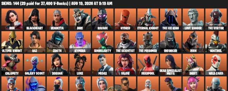 Fortnite account inventory for LVL 2119 - Rox - Blackheart - 144 Outfits