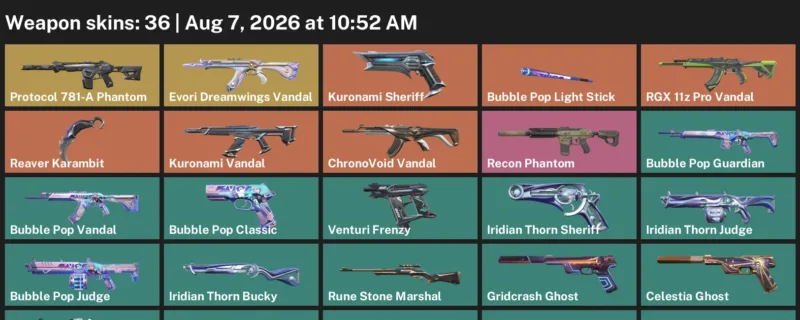 Valorant account inventory for LVL 94 · Reaver Karambit & Bubble Pop Vandal