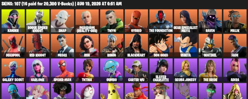 Fortnite account inventory for LVL 1214 - Xander - Rogue Spider Knight - 107 Outfits