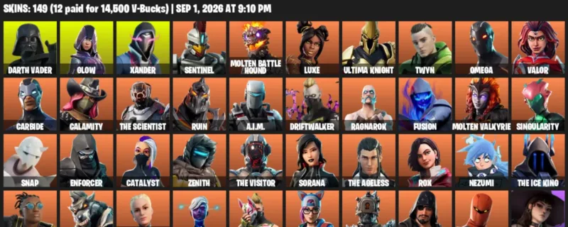 Fortnite account inventory for LVL 1425 - Darth Vader - Glow - 149 Outfits