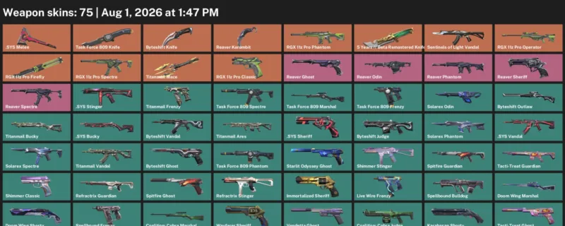 Valorant account inventory for LVL 174 · Reaver Karambit & Byteshift Knife