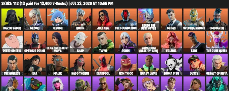 Fortnite Accounts listing: LVL 2227 - Darth Vader - Mizuki - 112 Outfits - 112 outfits