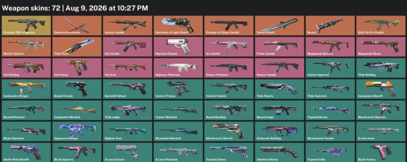 Valorant account inventory for LVL 149 · Araxys Vandal & Venturi Knife