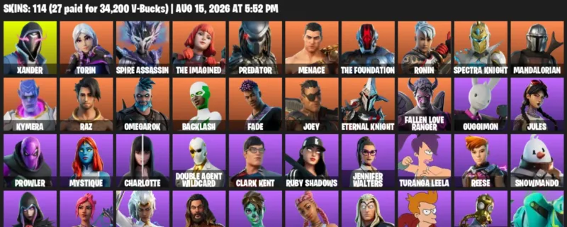 Fortnite account inventory for LVL 1647 - Xander - Torin - 114 Outfits