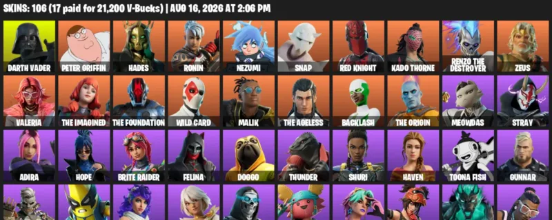 Fortnite account inventory for LVL 1810 - Darth Vader - Peter Griffin - 106 Outfits