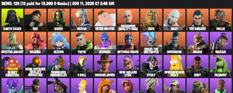 Fortnite account inventory for LVL 1783 - Darth Vader - Era - 120 Outfits