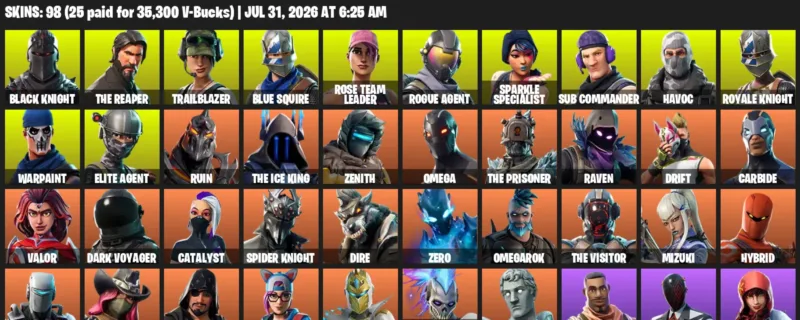 Fortnite Accounts listing: LVL 1164 - Black Knight - The Reaper - 98 Outfits - 98 outfits