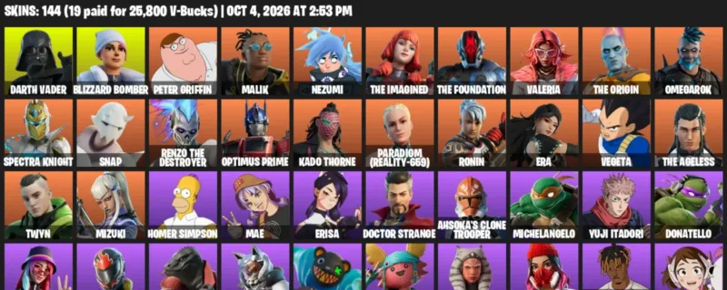 Fortnite account inventory for Darth Vader - Blizzard Bomber - 120 Outfits