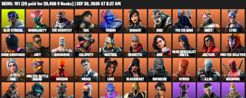 Fortnite account inventory for Blue Striker - Singularity - 120 Outfits